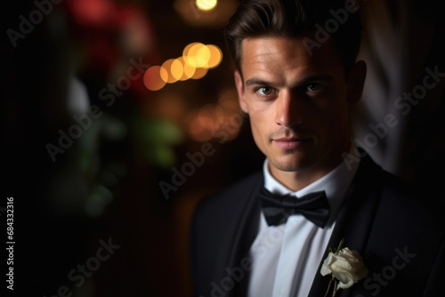 A sophisticated man dressed in a stylish tuxedo and a bow tie. Perfect for formal events and black-tie occasions.