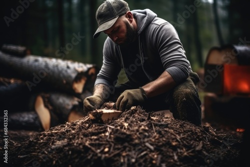 A man is seen chopping wood in a pile of mulch. This image can be used to depict outdoor activities, gardening, or firewood preparation.