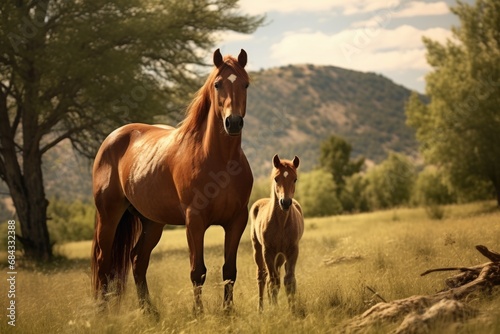 A brown horse stands next to a baby horse in a field. This image captures the bond between a mother horse and her foal. Suitable for various uses including nature  animals  and family themes.