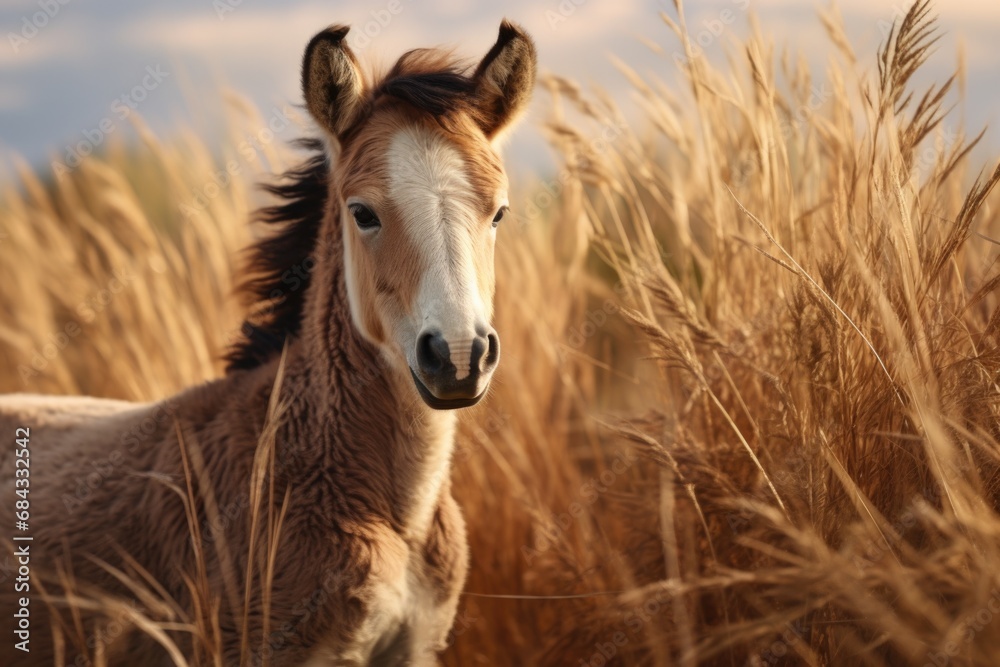 A horse standing in a field of tall grass. Perfect for nature and animal lovers.