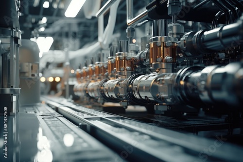 A line of pipes and valves in a factory. This image can be used to represent industrial processes and infrastructure. photo