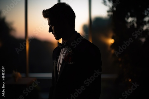 A striking silhouette of a man wearing a tuxedo standing in front of a window. This image can be used to depict elegance, formal occasions, or mystery.