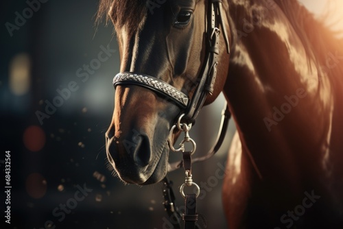 A detailed view of a horse wearing a bridle. Perfect for equestrian enthusiasts or farm-related projects. © Ева Поликарпова