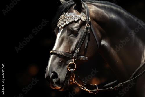 A detailed view of a horse wearing a bridle. This image can be used for equestrian-related designs and publications. © Ева Поликарпова