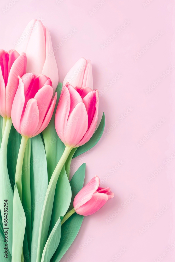 Pink tulips in a isolated pastel background. With copy space for text. Generative AI