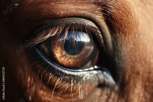 A detailed view of a brown horse's eye. This image can be used to depict the beauty and elegance of horses or to illustrate concepts related to animal anatomy and nature. © Ева Поликарпова