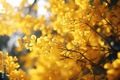 A bunch of yellow flowers on a tree. Perfect for adding a touch of brightness and nature to your designs.