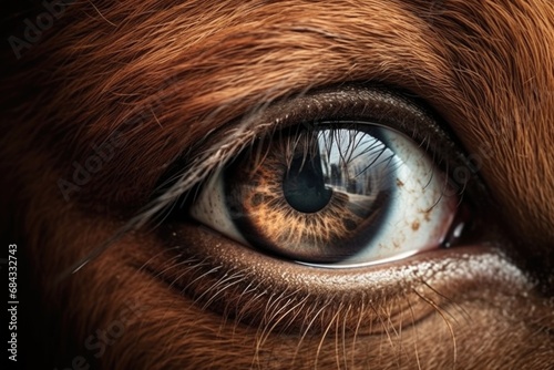 A detailed close-up view of a brown horse's eye. This image can be used to depict the beauty and intensity of a horse's gaze. © Ева Поликарпова