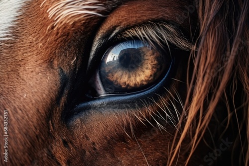 A detailed close-up of a brown horse's eye. This image can be used to depict the beauty and elegance of horses or to illustrate the connection between humans and animals.