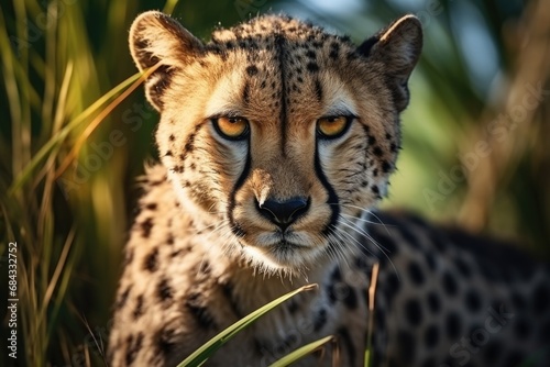 A close-up view of a cheetah in its natural habitat. This image captures the majestic beauty and fierce expression of the cheetah. Perfect for nature documentaries or wildlife-themed designs.