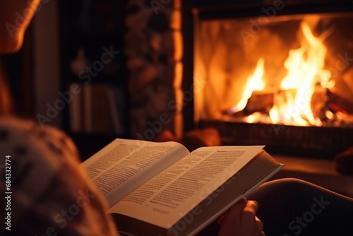 A person engrossed in reading a book while sitting in front of a cozy fireplace. 