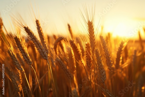 A beautiful field of wheat with the sun setting in the background. Perfect for agricultural themes or serene landscapes.