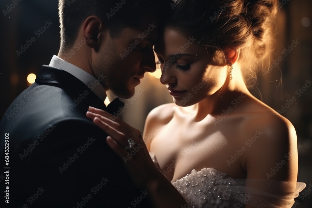 A picture of a bride and groom standing close together in a dimly lit room. Perfect for wedding themes and romantic occasions.