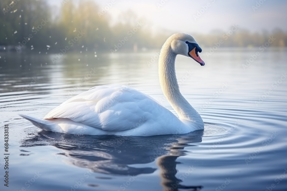 A beautiful white swan peacefully floating on top of a serene lake. This image can be used to represent tranquility and nature's beauty. A beautiful white swan peacefully floating on top of a serene lake. This image can be used to represent tranquility and nature's beauty.