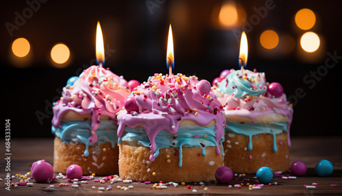 Birthday cake with colorful candles. Created with Generative AI © Yevhen