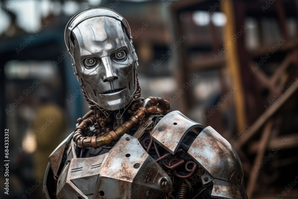 A detailed close-up shot of a robot with a chain wrapped around its neck. This image can be used to depict themes of captivity, technology, or futuristic dystopia. A detailed close-up shot of a robot with a chain wrapped around its neck. This image can be used to depict themes of captivity, technology, or futuristic dystopia.