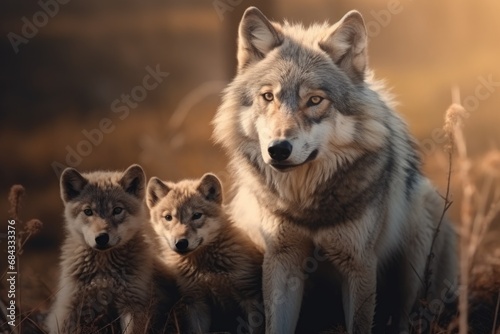 A group of wolves sitting together in a field. This image can be used to depict the natural behavior and social dynamics of wolves in the wild.