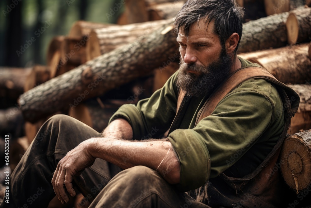 Fototapeta premium A bearded man sitting on a pile of logs. This image can be used to depict a rugged outdoorsman or a lumberjack in a natural setting.