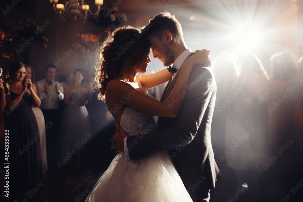 A picture capturing the special moment of a bride and groom dancing at ...