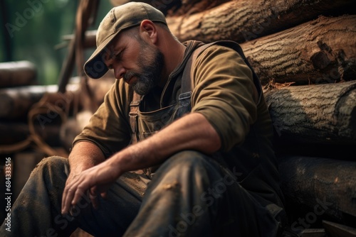 A man is seen sitting on a pile of logs. This image can be used to depict relaxation, nature, or a rural setting. © Ева Поликарпова
