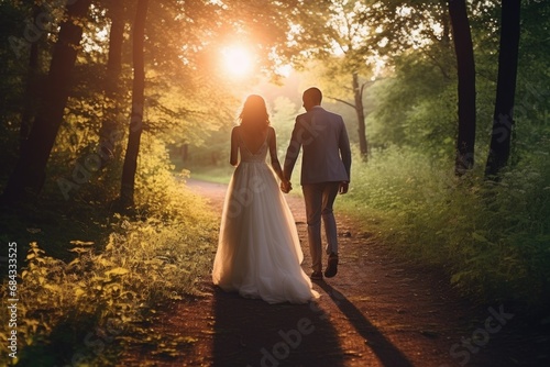 A picture of a bride and groom walking down a path in the woods. This image can be used for wedding themes and outdoor adventures.