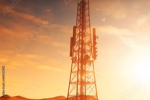Antenna communication technology with city background. Communication tower connect to data of smart city. Telecommunication 5G. Neural network AI generated art