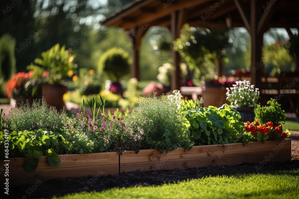 Wooden Raised Beds. Modern Garden with Herbs, Spices, Veggies, and Flowers near Countryside Home