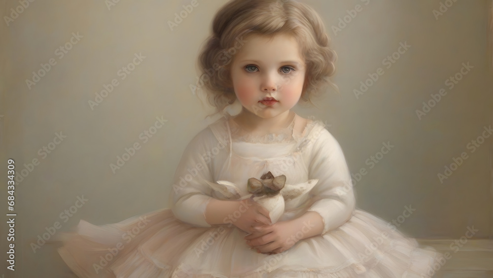 A little girl sits with a toy in a beautiful light dress and looks forward A little girl sits with a toy in a beautiful light dress and looks forward