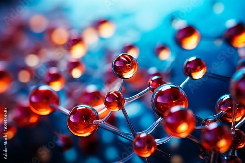 Modern tinted background exhibiting a glass molecular model. Refined abstract setting adorned with molecular structures.