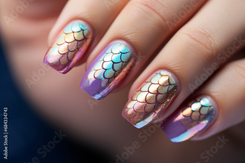 Woman's fingernails with metallic pastel colored nail polish with mermaid fish scales design