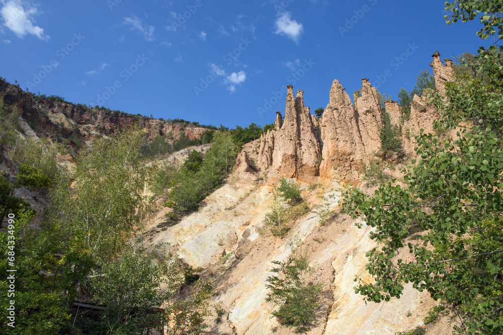 Devil's town is a town of two ravines Đavolja and Paklena,there are 202 earth figures. Figures from two to 15 meters high and up to 3 meters wide, each with a stone on top as a cap on the head,Serbia.