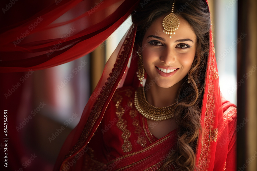 indian woman dressed up in red traditional bridal on the bokeh style background