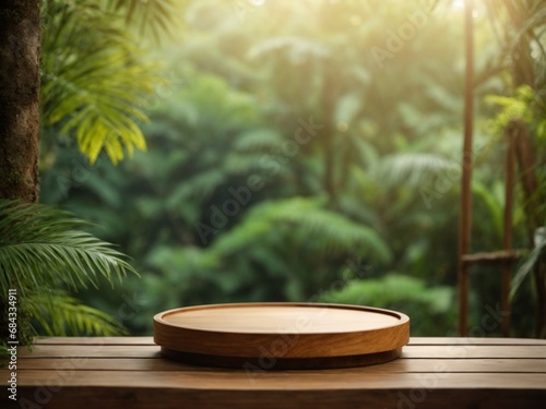 Wooden product display podium with a blurred jungle background