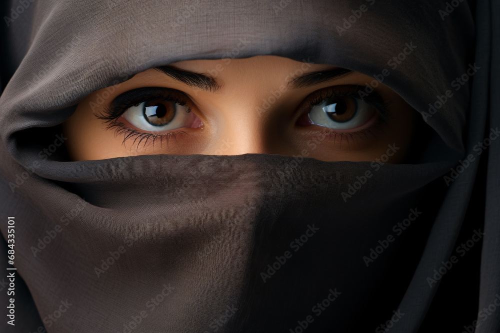 Close up of face of woman covered with Muslim Niqab face veil with only eyes visible Close up of face of woman covered with Muslim Niqab face veil with only eyes visible