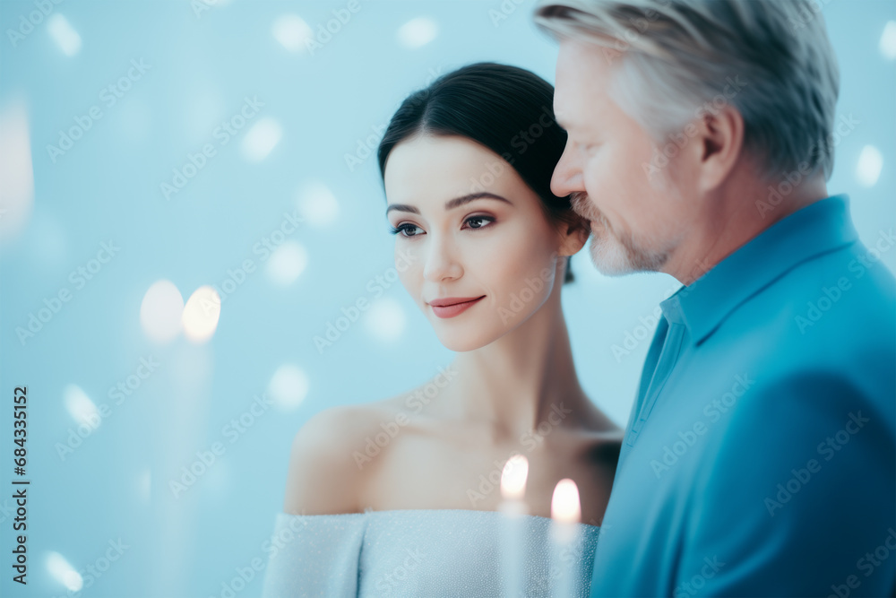 A Romantic Mature Couple Embraces Happiness, Love, and Togetherness in a Dance of Joyful Romance amid Blue-Toned Bokeh