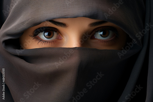 Close up of face of woman covered with Muslim Niqab face veil with only eyes visible