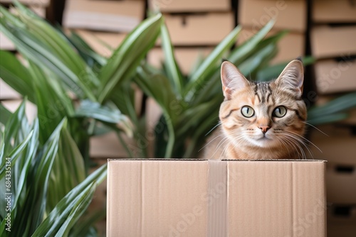 Moving to New Home. Donation Concept with Cat Sitting in Empty Cardboard Box Amidst Stack of Boxes