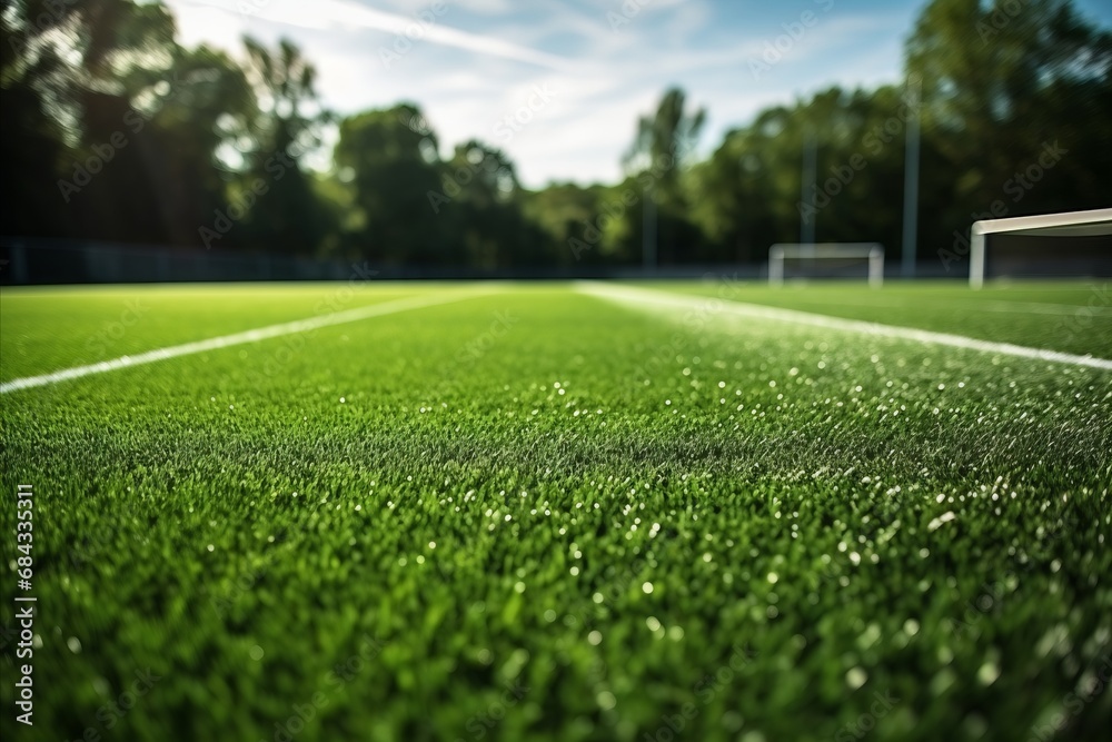 Football soccer field with artificial turf, goal net shadow, green synthetic grass