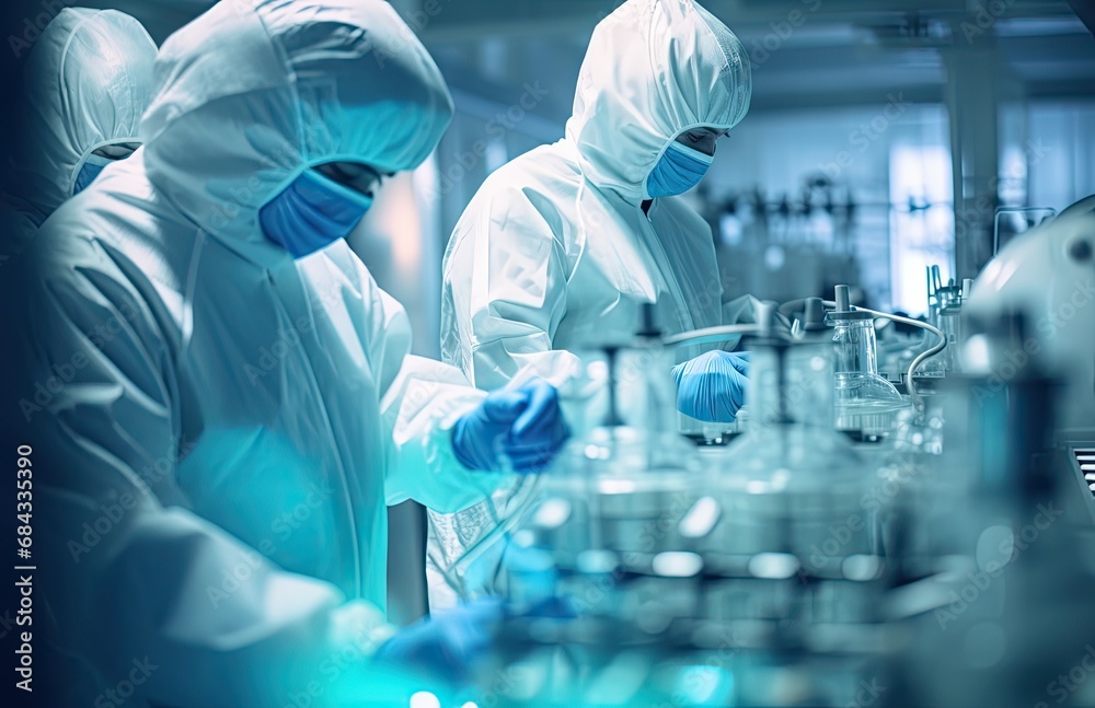 Scientists and technicians in a cutting-edge laboratory conduct vital medical research, focusing on microbiology and chemistry.