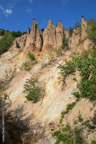 Vertical image of unusual erosion rock formation towers, Radan mountain, Kursumlija, south Serbia. Devil's town.