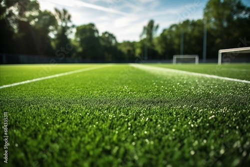 Football soccer field with artificial turf, goal net shadow, green synthetic grass photo