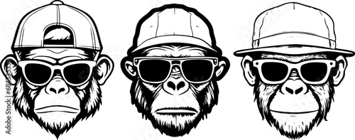set of monkey wearing glasses and hat, tattoos vector art