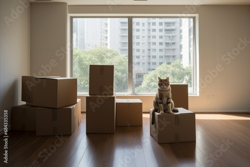 Moving to a New Home. Concept of Donating with a Cute Cat Sitting Inside Stack of Cardboard Boxes