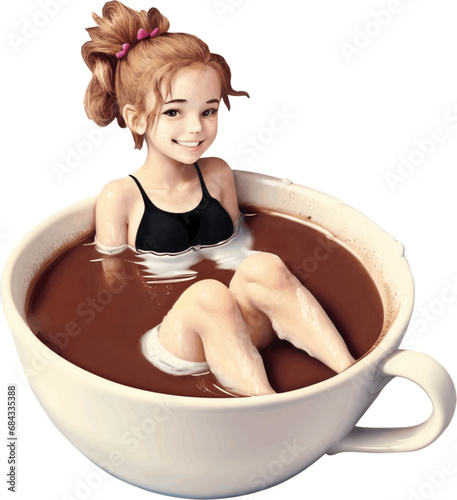 A girl bathes in a cup of coffee, hot chocolate or cocoa. Vector illustration, logo or advertising for cafe, restaurant, coffee shop
