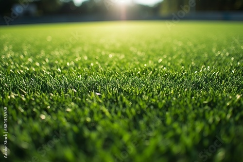 Lush Green Synthetic Grass on Soccer Field with Part of the Soccer Goal and Shadow from the Goal Net photo