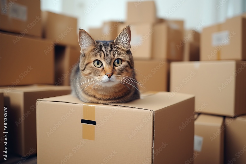 Fototapeta premium Moving to New Home, Donation Concept - Stack of Cardboard Boxes with Cat Sitting in Empty Box