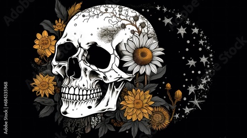 A skull and sunflowers on a black background