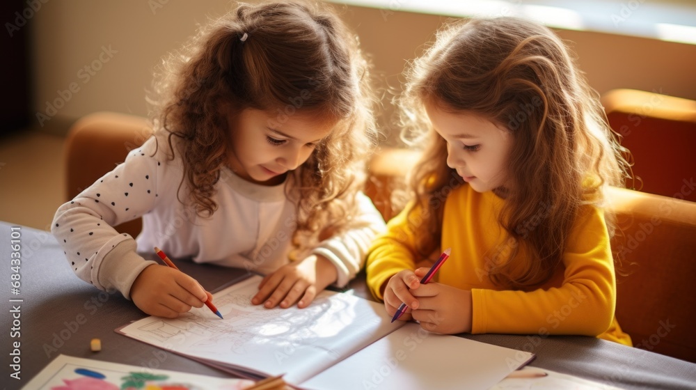 Two little girls sitting at a table writing Two little girls sitting at a table writing