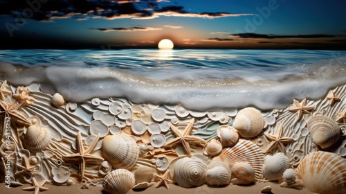 A beach scene with shells and a sunset