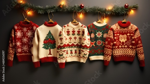 A row of sweaters hanging from a christmas tree © Maria Starus